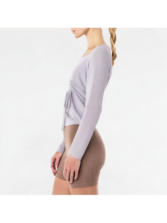 Solid Color U-Neck Pleated Long Sleeve