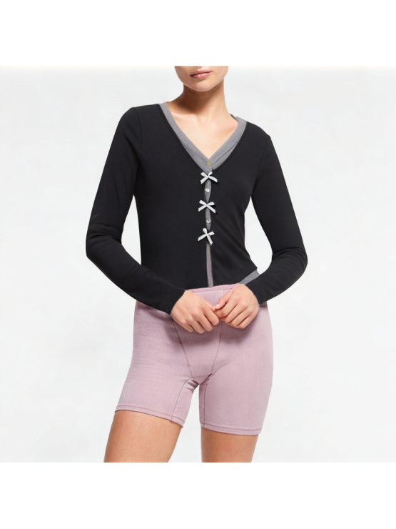 False Two-Piece Splicing V-Neck Long Sleeve