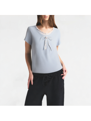 Contrasting Color Doll Collar Bow Short Sleeves