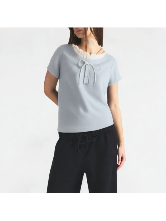 Contrasting Color Doll Collar Bow Short Sleeves