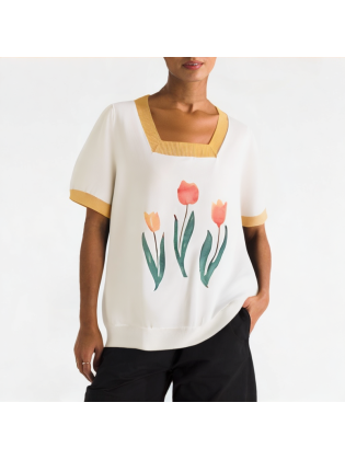 Contrast Color Square Collar Short Sleeves