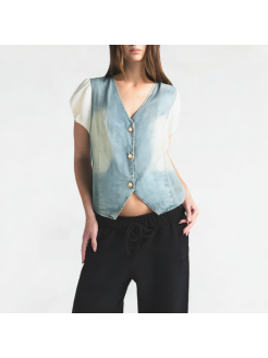 Puff Sleeve V-Neck Denim Short-Sleeve