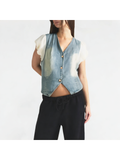 Puff Sleeve V-Neck Denim Short-Sleeve