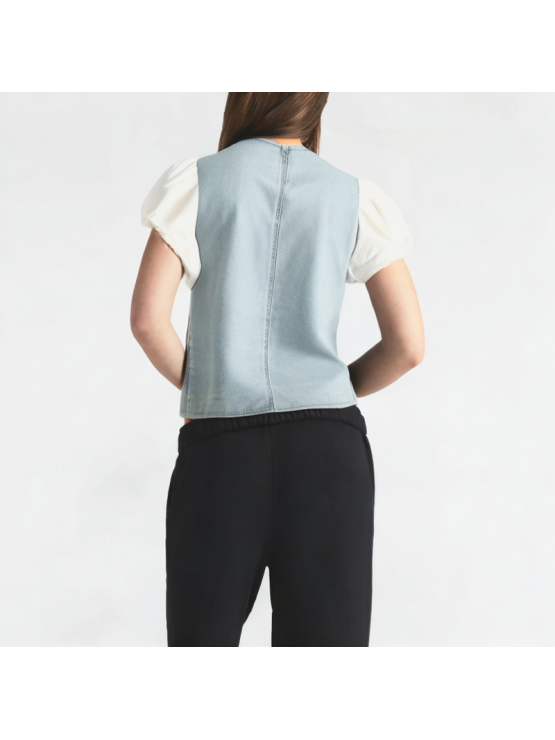 Puff Sleeve V-Neck Denim Short-Sleeve