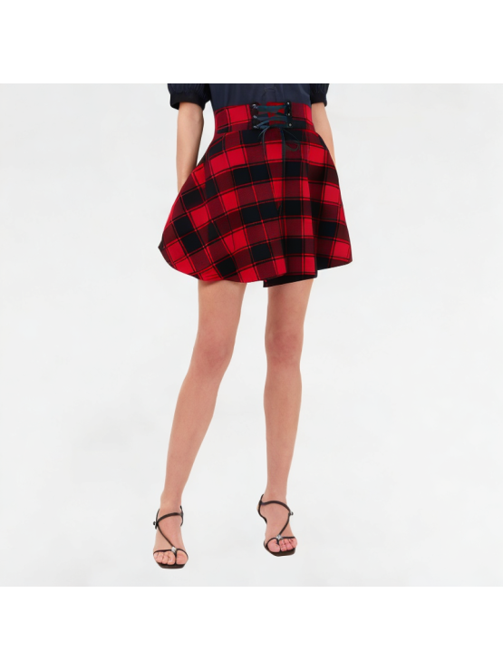 Fashionable Grid Pattern Lace-up Skirt