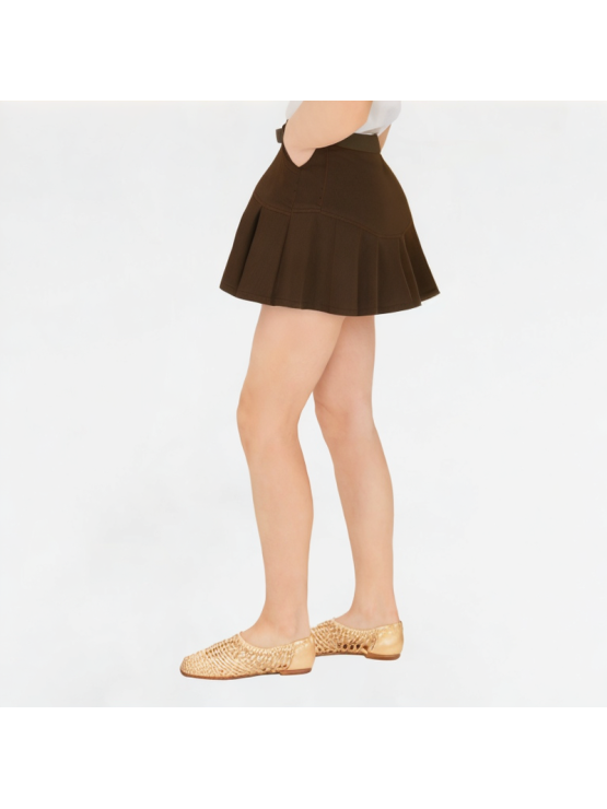 High-Waist Pleated Denim Skirt
